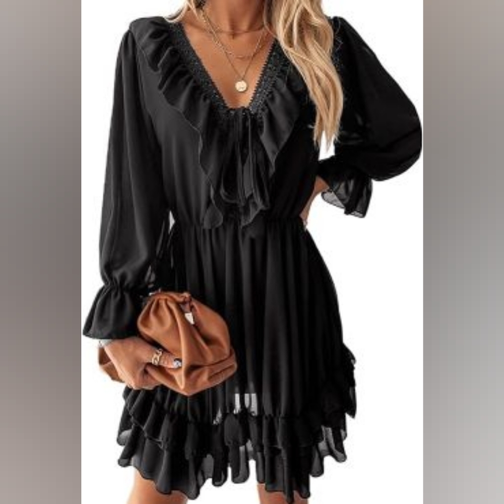 Women's V Neck Ruffled Layered Chiffon Dress